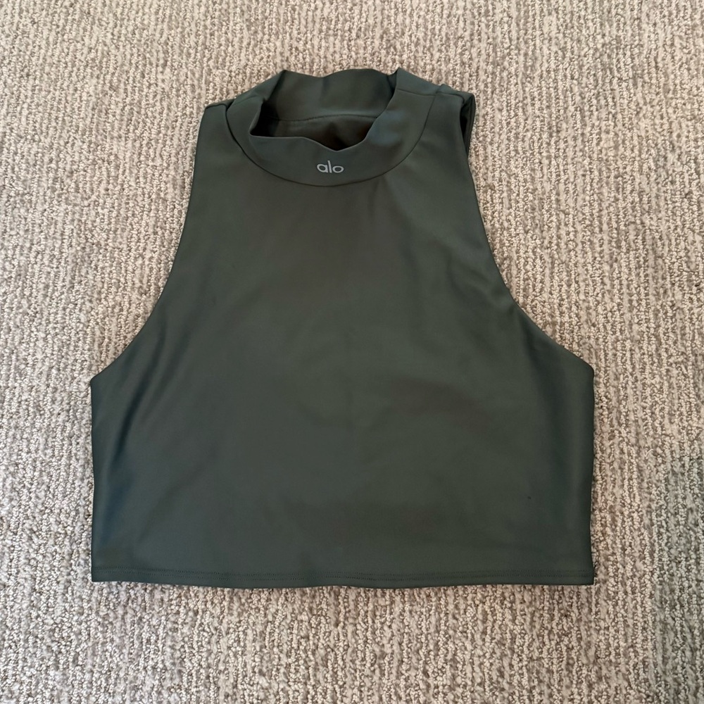Alo Yoga High-Neck Airbrush Bra Tank — Midnight Green, Open-Back Crop